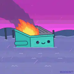 Smiling dumpster fire in flood