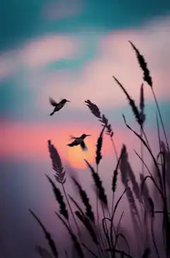 Hummingbirds at sunset