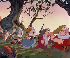 Seven Dwarfs marching in forest