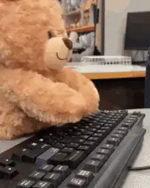 teddy bear typing on keyboard