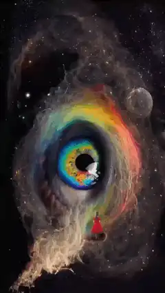 Girl in red dress before cosmic eye
