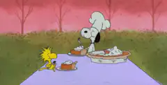 Snoopy and Woodstock eating pie