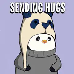 Penguin in panda hat sending hugs