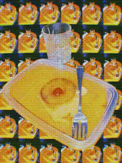 yellow pudding with fork and glass