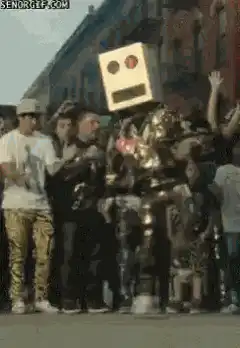 Robot with paper bag head in crowd
