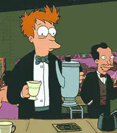 Fry pours coffee into cup