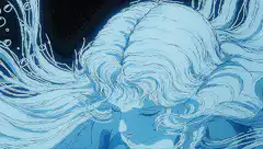 Blue-haired woman floating in water
