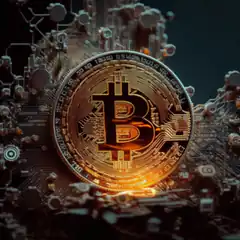 Glowing Bitcoin on Circuit Board