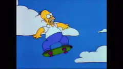 Homer Simpson skateboarding off a cliff