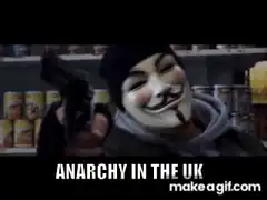 Guy Fawkes mask with gun and text