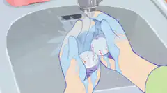 Hands washing two small hamsters in a sink
