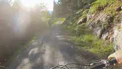POV mountain biking on a sunny trail