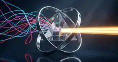 Prism with glowing rings and light beam