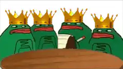 Four frog kings sitting at a table