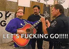 Guitarist plays guitar with police officer