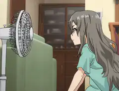 anime girl sitting in front of fan