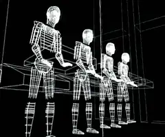 Wireframe human figures in a line