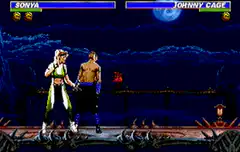 Sonya Blade kicks Johnny Cage in Mortal Kombat