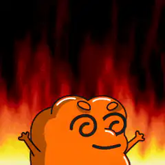 Happy orange blob in front of fire