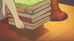 anime girl lifting stack of books