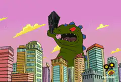 Godzilla destroys city with building