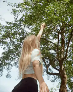 Woman reaching for leaves in tree