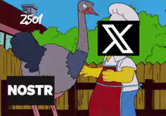 Homer Simpson holding ostrich with X and Nostr logos