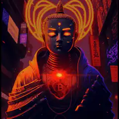 Cyberpunk Buddha with glowing Bitcoin