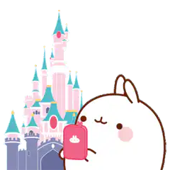 Happy bunny with pink phone at castle