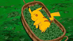Pikachu sleeping in a basket of leaves