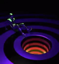 Neon figure sliding down a spiral