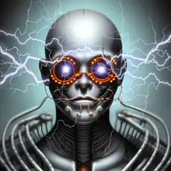 Robot with glowing eyes and lightning