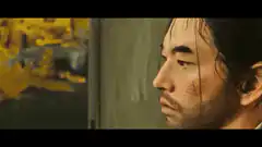 Man looking at painting of samurai