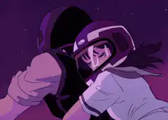 Crying girl in helmet hugging driver