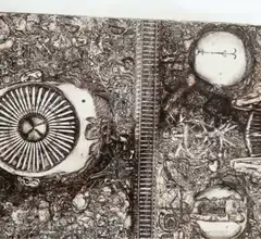 Dense etching transitions to blue ink drawing