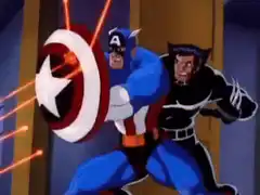 Captain America and Wolverine deflecting lasers