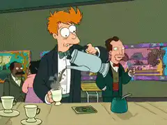 Fry pours coffee into Zoidberg's eye