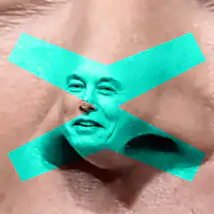 Elon Musk face in nostril with cyan X