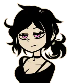 Cartoon girl with black hair and pink eyes