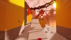 First-person view of a stylized 3D game world
