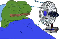 Pepe the Frog sweating in front of a fan