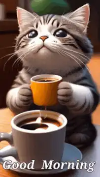 Cute cat pouring coffee with Good Morning text