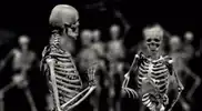 Skeletons dancing in black and white