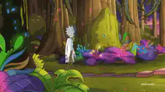 Rick sits on toilet in alien forest