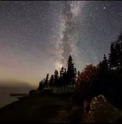 Milky Way over forested coast