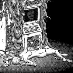 Naked figure connected to computer tree