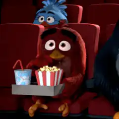 Red bird eating popcorn in theater
