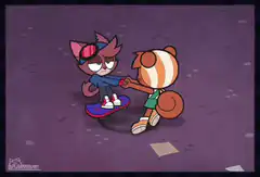 Cat on skateboard holding hands with raccoon