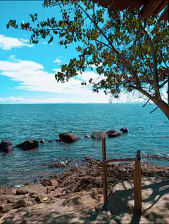 Tropical beach with rocks and wooden railing