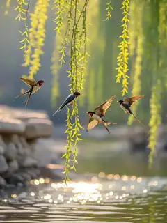 swallows flying near willow branches